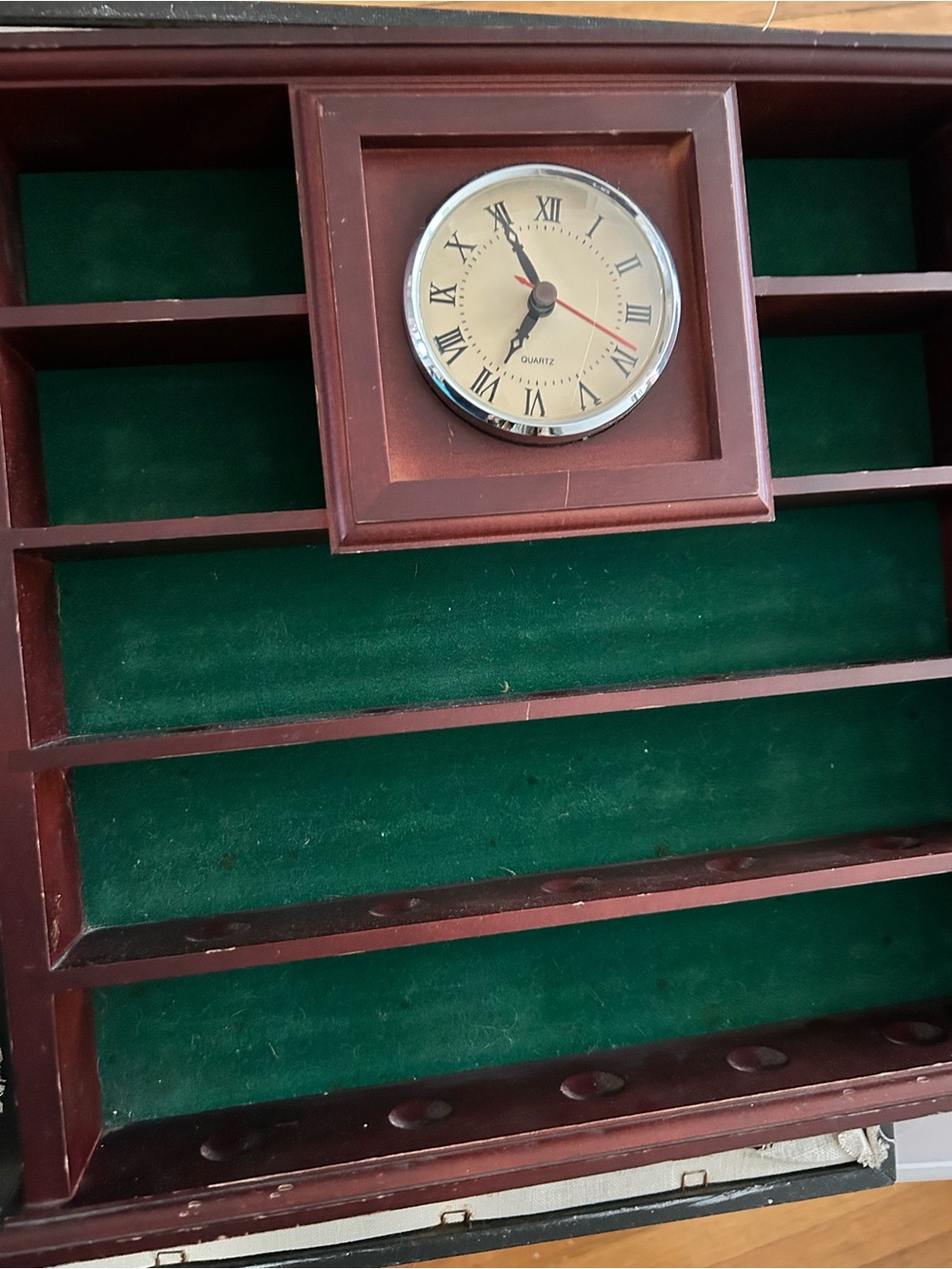 Wooden Golf Ball Display Shelf built in analog quartz clock green velvet trinket